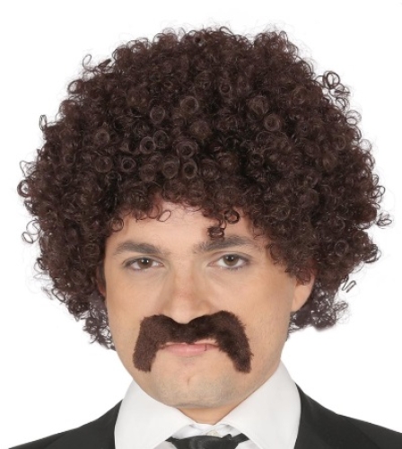 Hnědá kudrnatá paruka s knírem
