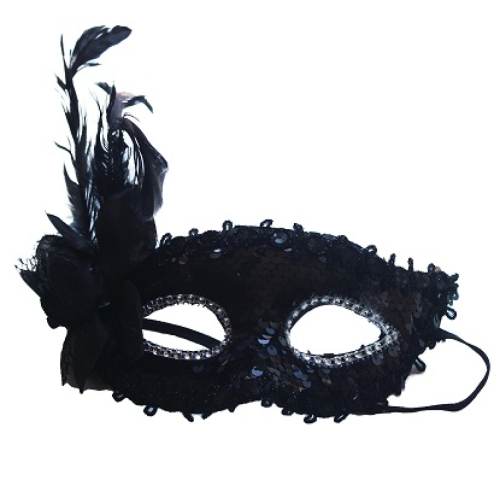 Černá škraboška s peřím zdobená